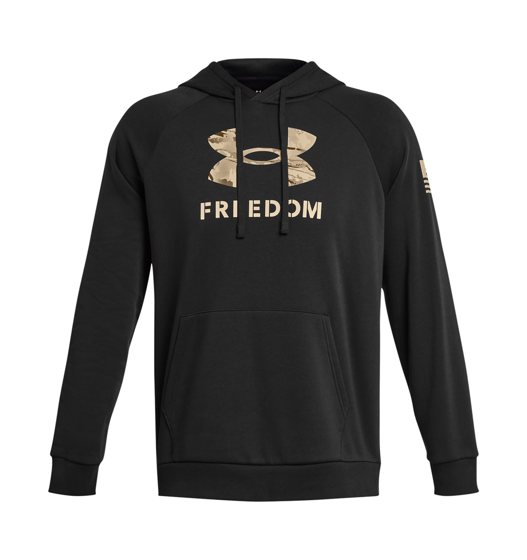Under Armour UA Freedom Rival Fleece Big Flag Logo Hoodie in black with kangaroo pocket and ribbed cuffs. Perfect for warmth and style.